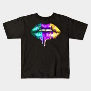 Big Lips In Green, Purple And Yellow Golden For Mardi Gras Kids T-Shirt